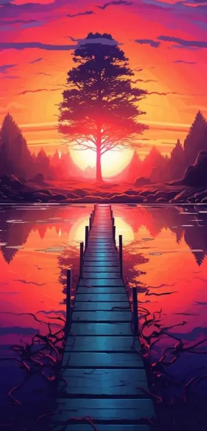 Vibrant sunset with dock leading across a lake, surrounded by trees and reflections.