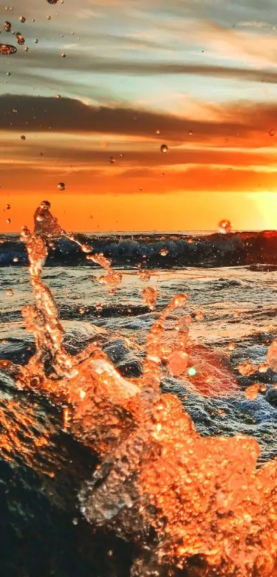 Dynamic ocean splash at sunset with vibrant colors and waves.