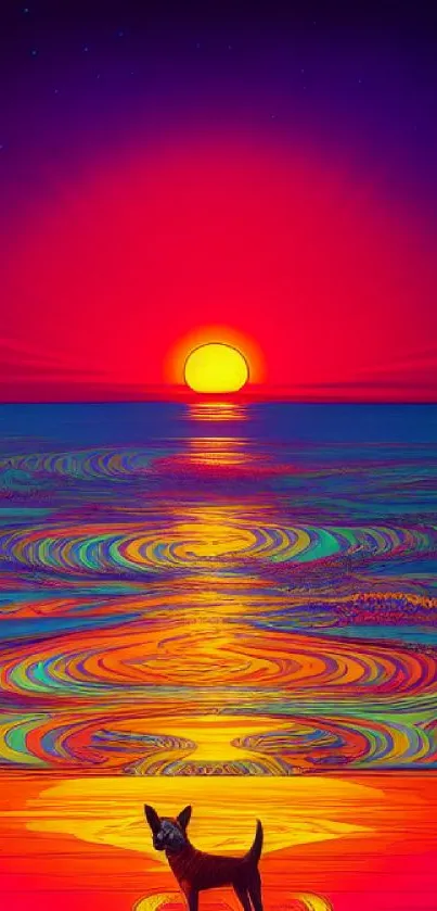 Vibrant sunset over the ocean with vivid colors and a serene atmosphere.