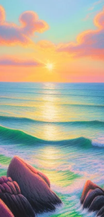 Sunset over ocean with waves and rocks in vibrant colors.