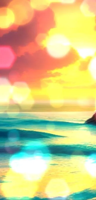 Vibrant sunset over ocean waves with artistic colors.