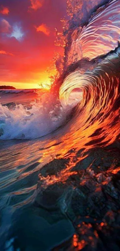 Vibrant ocean wave at sunset with fiery colors and dynamic motion.