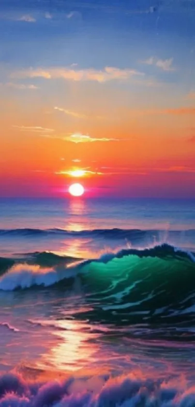 Vibrant sunset with ocean waves wallpaper.