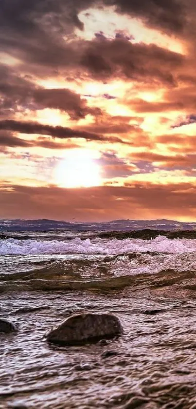 Vibrant ocean sunset with waves crashing and colorful skies.