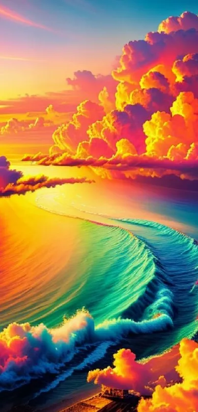 Vibrant sunset over ocean with colorful clouds and waves.