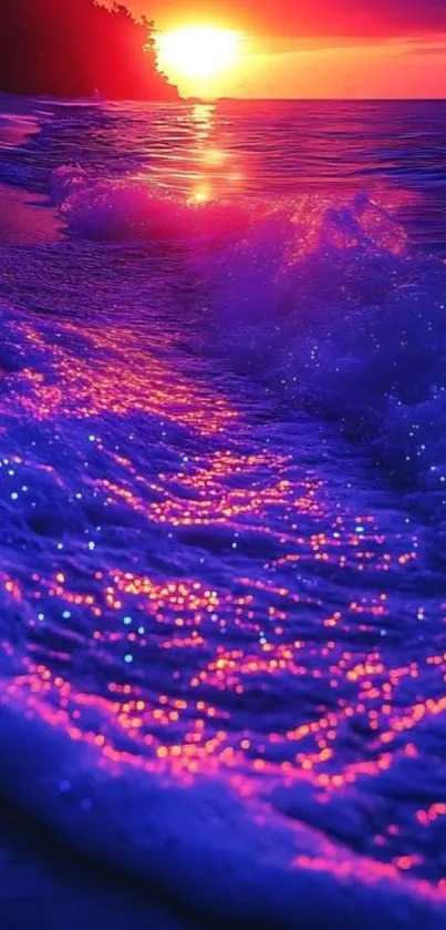 Vibrant sunset with purple ocean waves.
