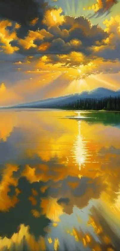 Golden sunset reflecting over a calm lake with vibrant colors and serene scenery.