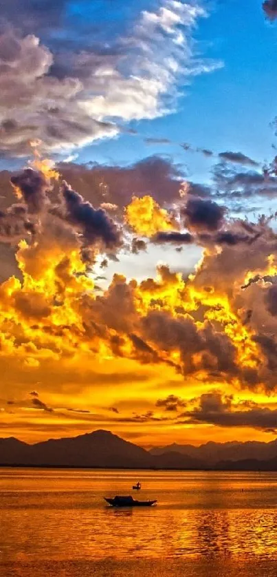 Vibrant golden sunset over calm water with colorful clouds.