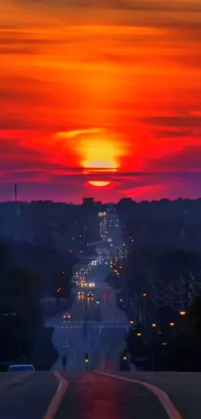 Vibrant sunset over a city road with glowing colors.