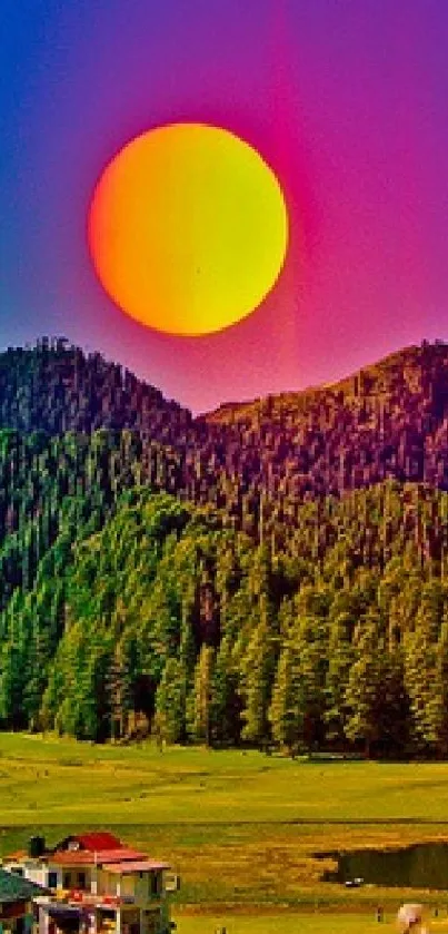 Sunset over a vibrant green forest landscape, creating a colorful and serene view.