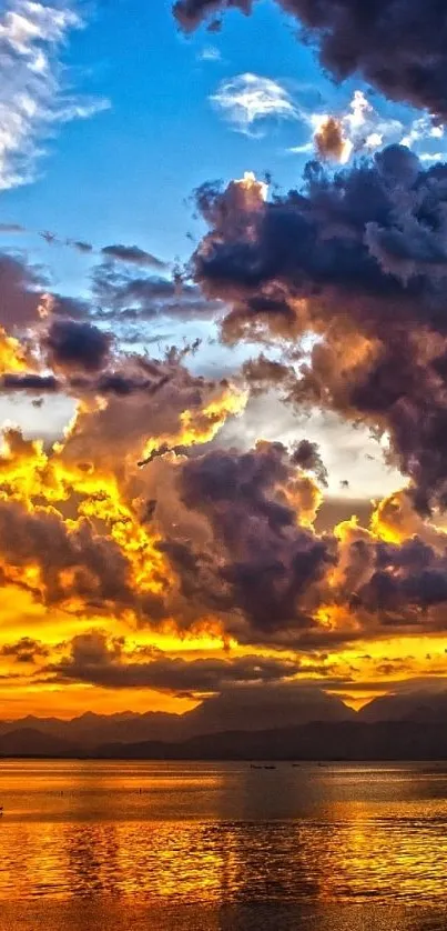 Vibrant sunset over ocean with colorful clouds and hues.