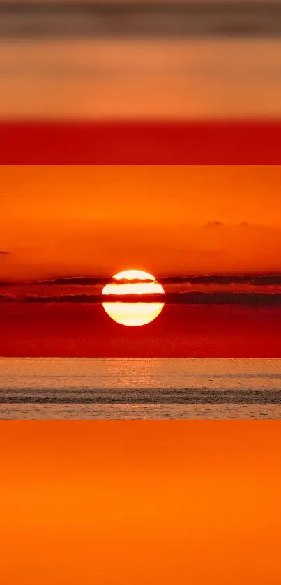 A vibrant orange sunset over a calm ocean, casting a serene glow.