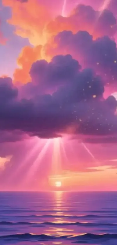 Vibrant sunset over ocean with colorful clouds.