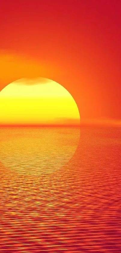 Vibrant orange sunset over calm ocean waters.