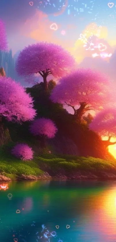 Vibrant sunset with pink blossom trees by a serene lake.