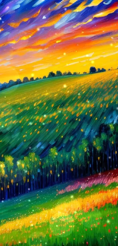 Vibrant sunset over rolling hills with artistic brush strokes.