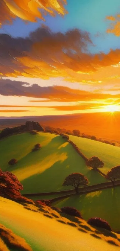 Stunning sunset over lush rolling hills.