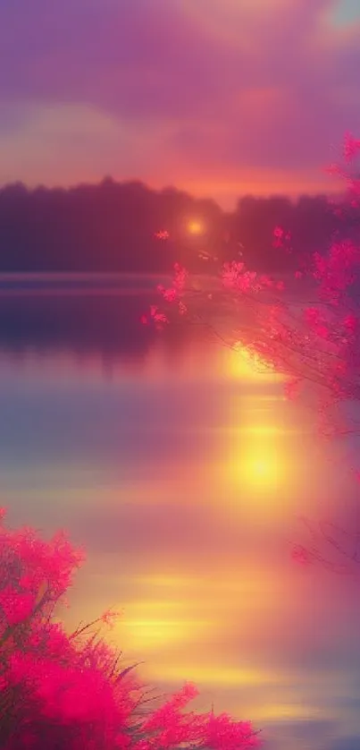 Vibrant sunset scene with pink flowers and serene lake reflections.