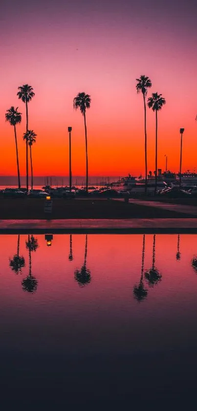 Palm trees silhouetted against a vibrant orange sunset with reflections.