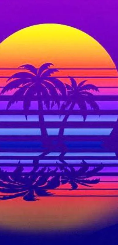 Vibrant sunset wallpaper with palm trees and a purple-to-orange gradient.