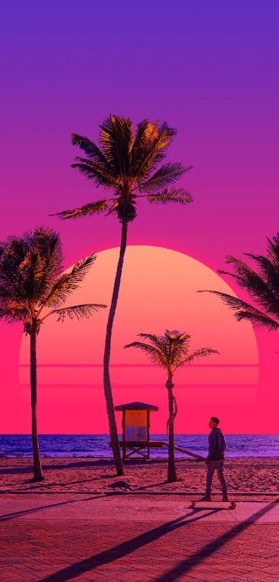 Mobile wallpaper with palm trees silhouetted against a vibrant pink sunset.