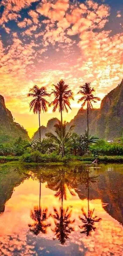 Scenic sunset with palm trees and reflection on water.