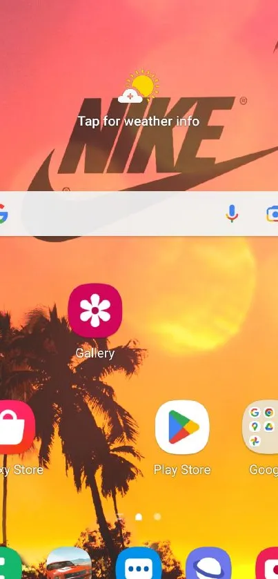 Nike logo with sunset and palm trees background.