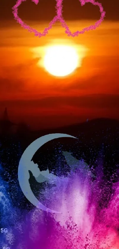 Vibrant sunset wallpaper with hearts and a crescent moon.