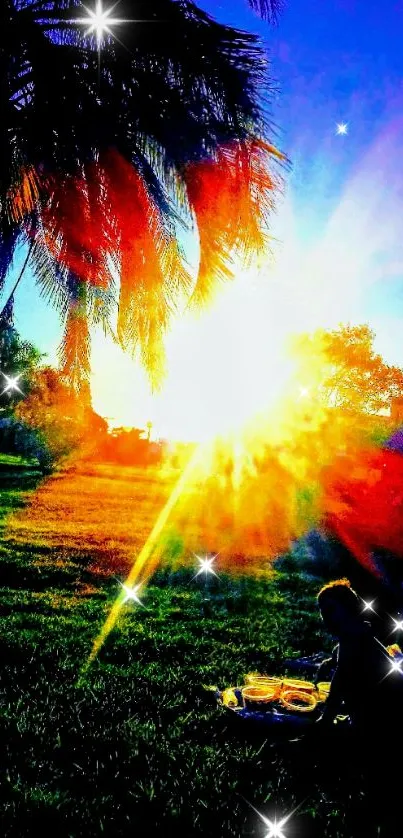 Vibrant, colorful sunset with palm tree and picnic scene.