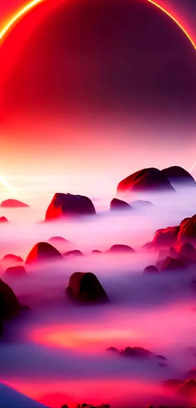 Stunning red and orange planet sunset with misty rocks.