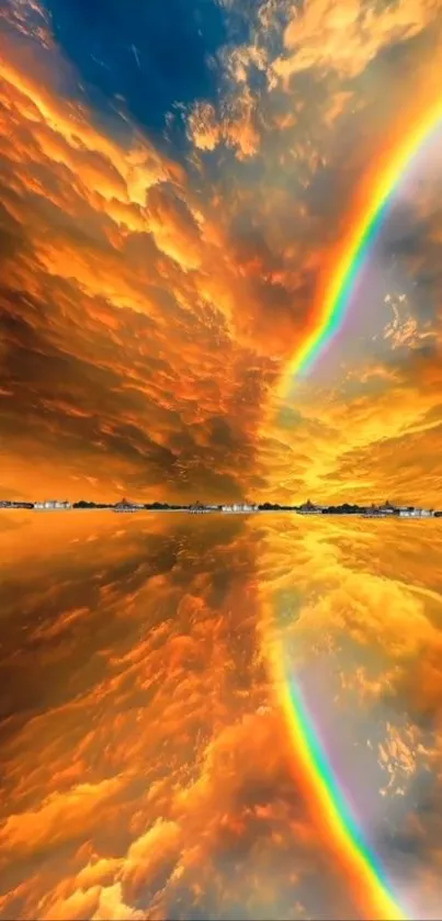 Vibrant sunset with rainbow reflecting on water.