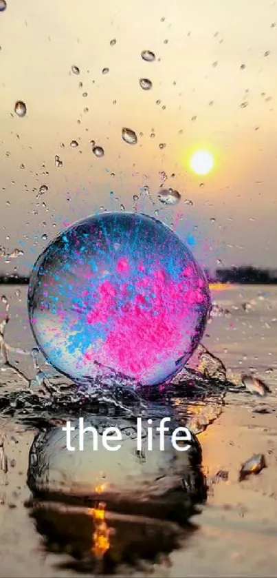 Vibrant sunset with colorful bubble reflection over water.