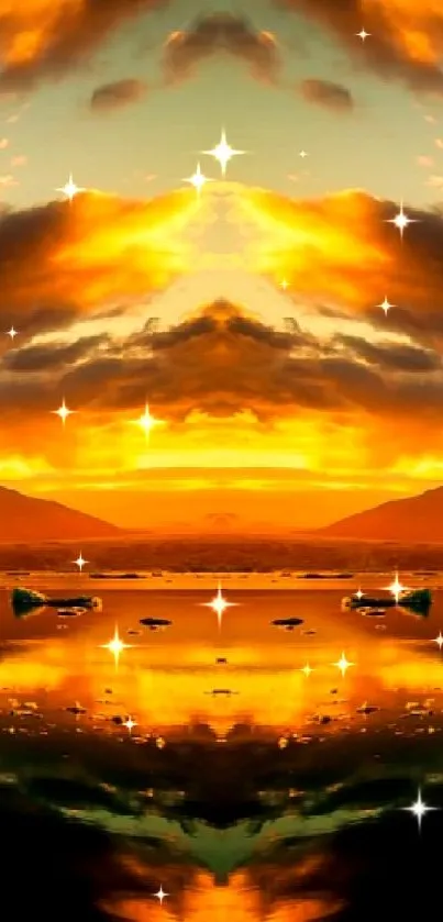 Vibrant sunset with mirrored clouds over calm water.