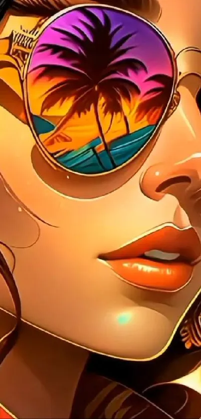 Artistic wallpaper of a sunset reflection in sunglasses with palm trees.