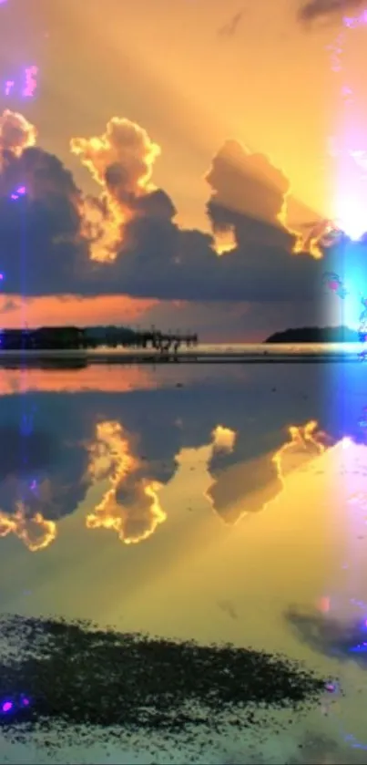 Vibrant sunset reflecting over calm water with glowing skies