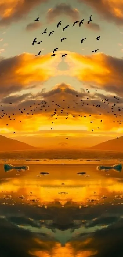 Vibrant sunset reflecting over tranquil water with birds in the sky.