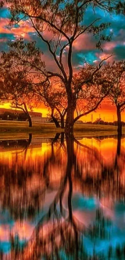 A stunning sunset reflection in a lake with silhouetted trees and vibrant colors.