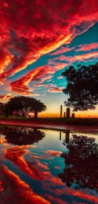 Vibrant sunset sky reflecting over calm water with silhouetted trees.