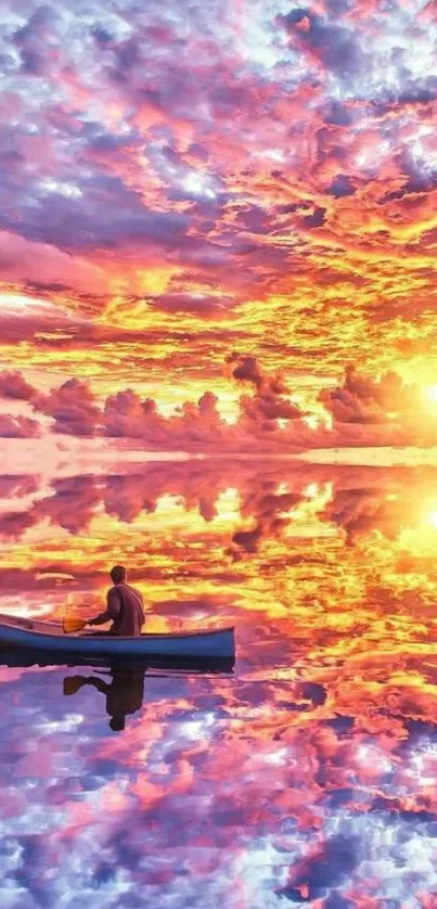 Vibrant sunset reflecting on water with a lone canoeist, ideal mobile wallpaper.