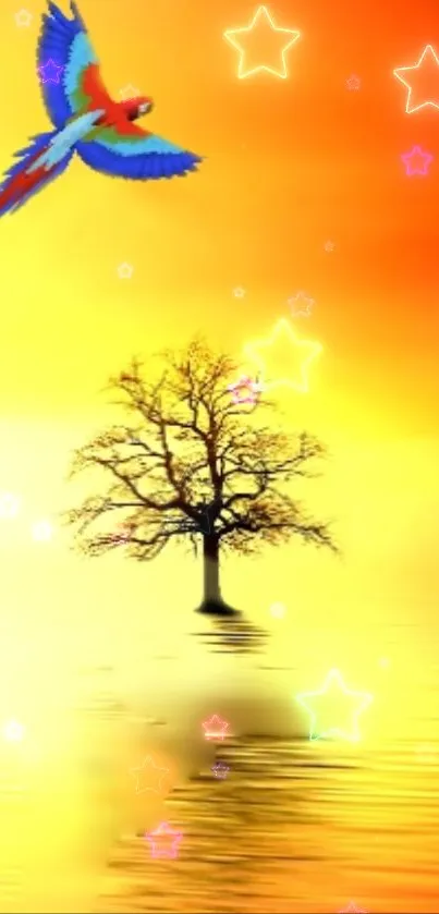 Colorful parrot flies over a sunset-reflected tree on a tranquil lake.