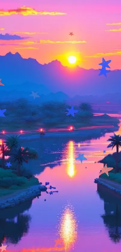 Vibrant sunset over a river with palms and mountains.