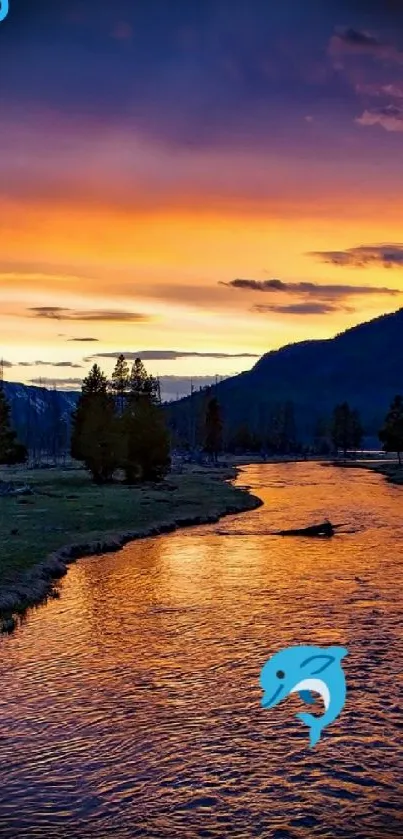 Stunning sunset over a river reflecting vibrant orange and blue colors.