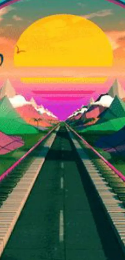 Colorful sunset road with mountains and vibrant sky.