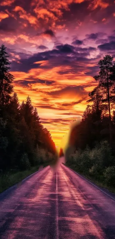 A scenic sunset road with vibrant purple and orange skies over a forest path.