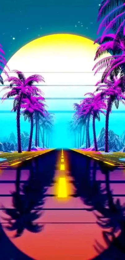 Neon sunset road with palm trees reflecting vivid colors.