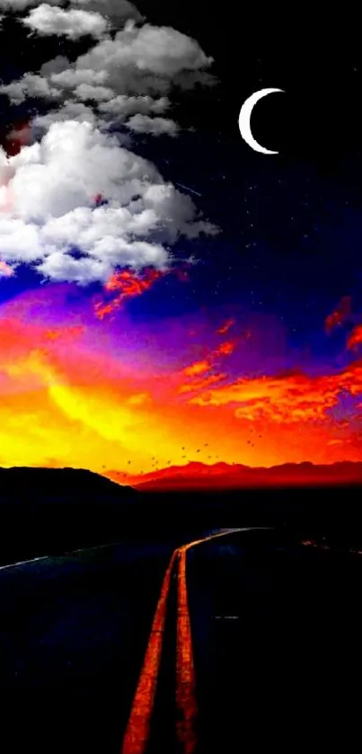 Vibrant sunset over road with crescent moon in a colorful night sky.