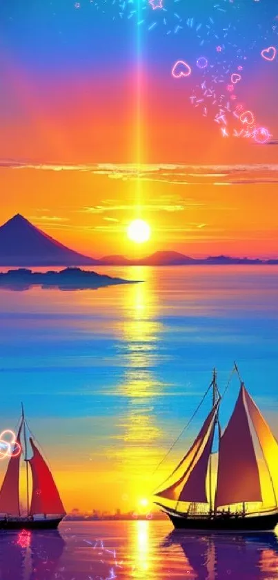 Colorful sunset with sailboats on a tranquil ocean.