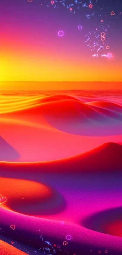 Vibrant sunset over colorful sand dunes.