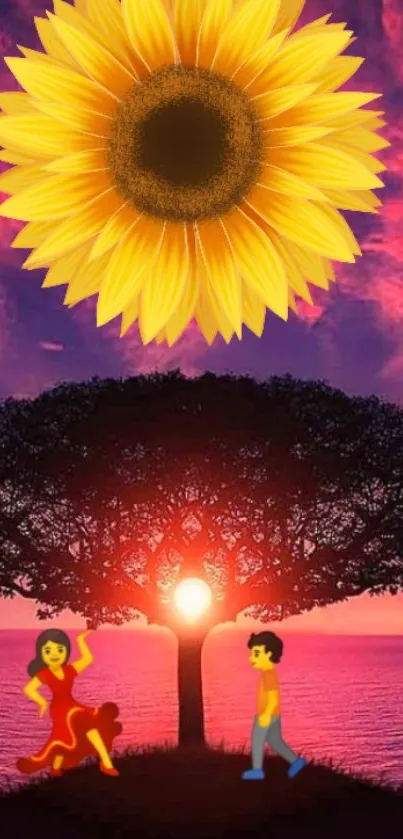 Colorful wallpaper with sunset, tree, couple, and sunflower on a purple sky.