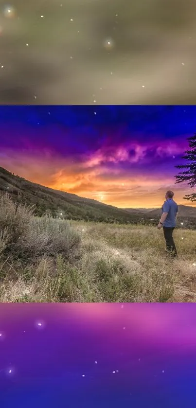 Person admiring vibrant sunset in landscape scenery with colorful sky.